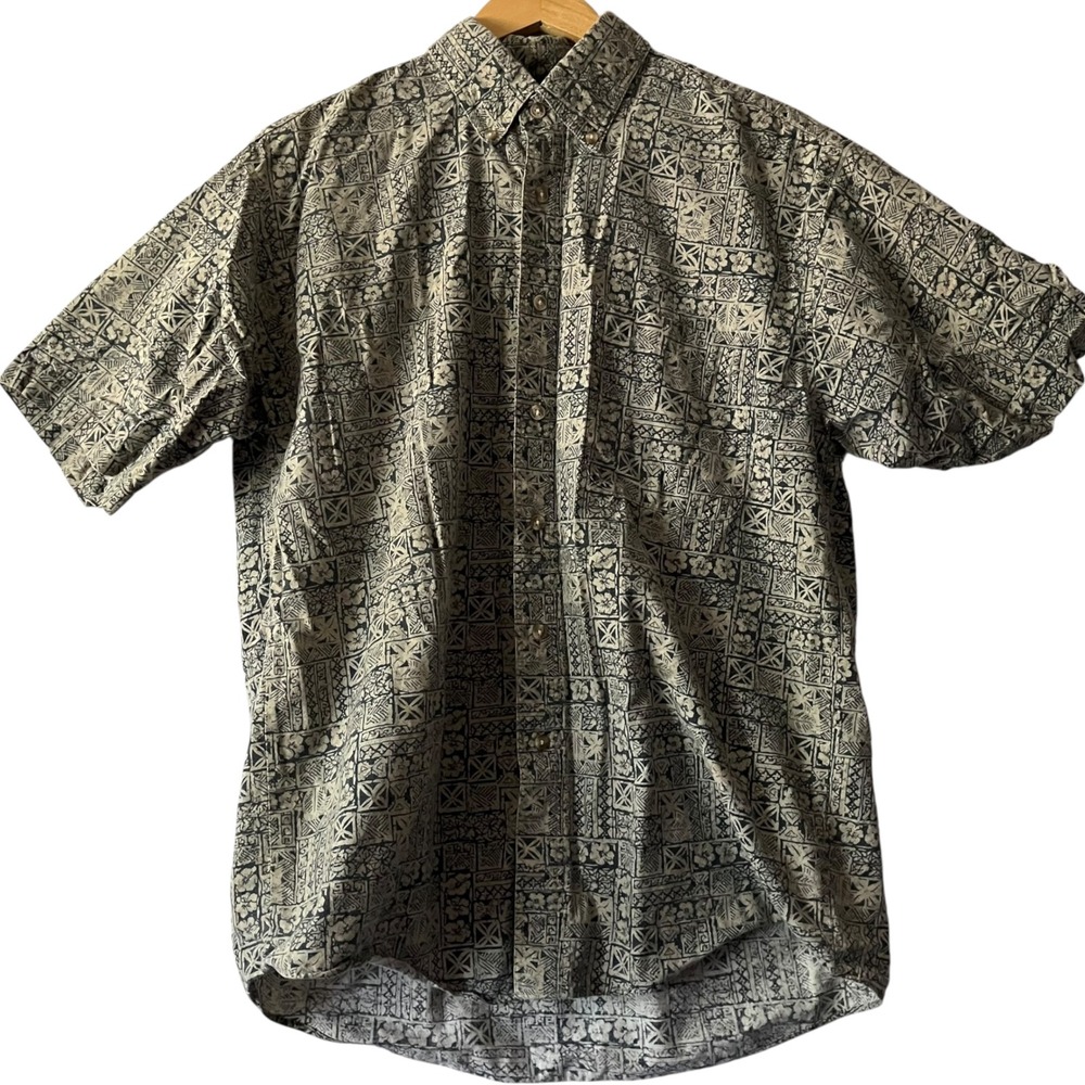 Cherokee Men's Medium Button Up Short‎ Sleeve Camp Shirt Beige Black Pattern